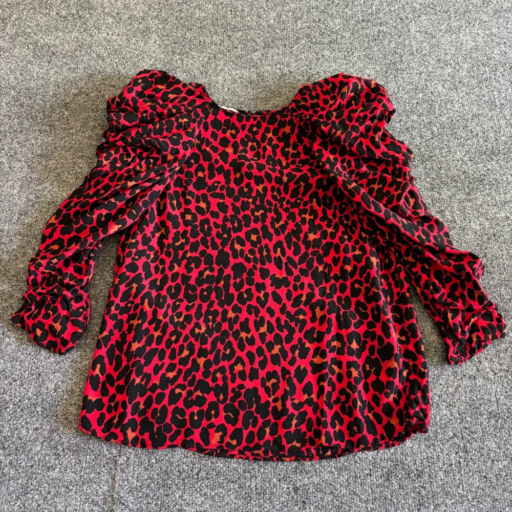 Zara Basic Red Leopard Print Puff Sleeve Blouse Top XS